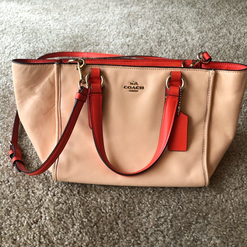 Coach mini Crosby carryall two-tone colorblock in Light gold/Apricot/Coral